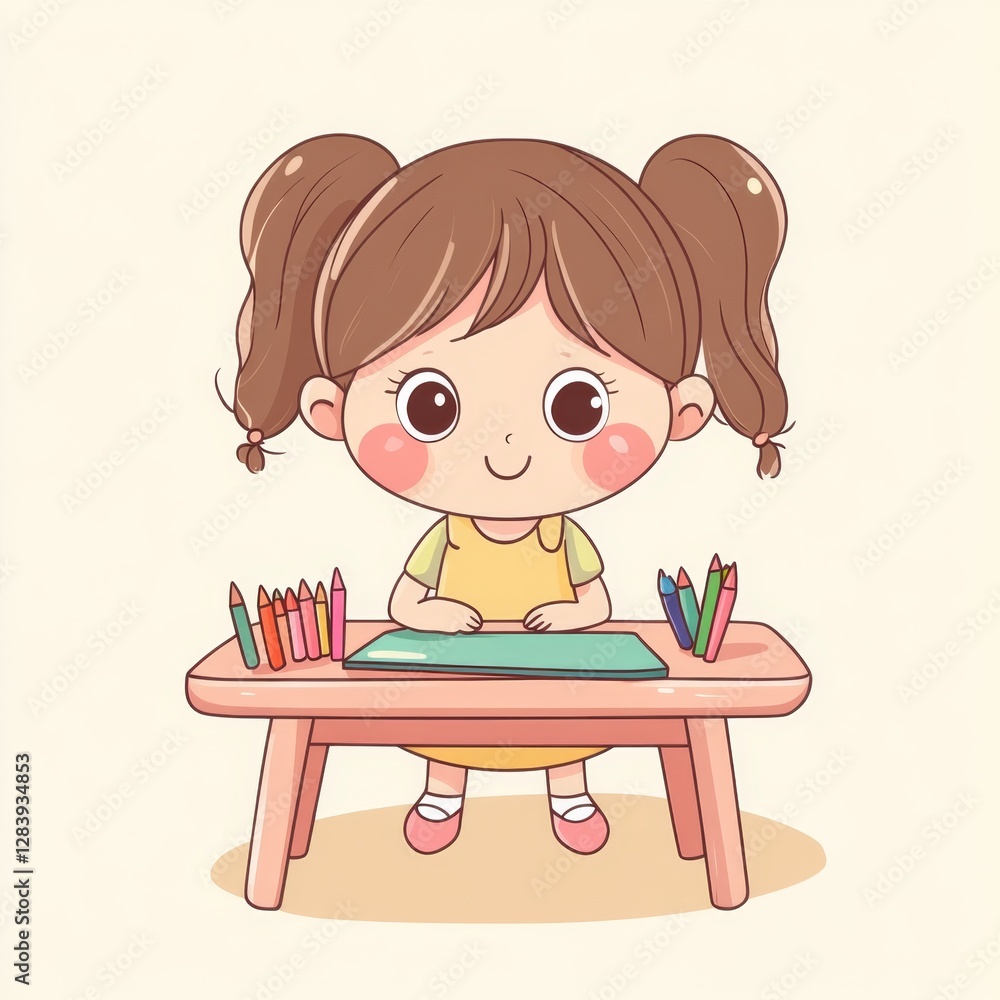 Girl At Desk Drawing With Colorful Pencils On Light Background Child Art Project Cute Cartoon Girl At Desk Drawing With Colorful Pencils On Light Background Child Art Project Cute Cartoon