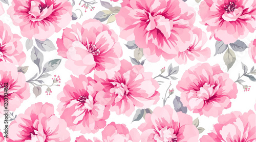 Pink watercolor flowers seamless pattern transparent background	