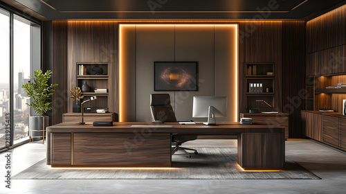 Wallpaper Mural Professional workspace featuring a dual-monitor setup, wooden desk, minimal decor, contemporary office style, high resolution Torontodigital.ca