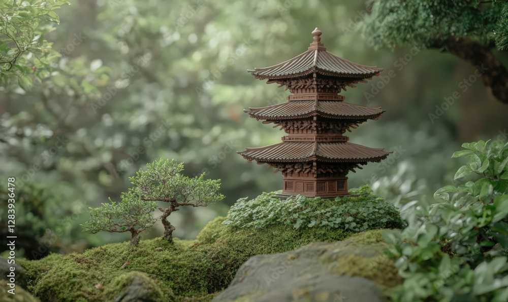 Miniature Wooden Pagoda in a Lush Green Garden Miniature Wooden Pagoda in a Lush Green Garden