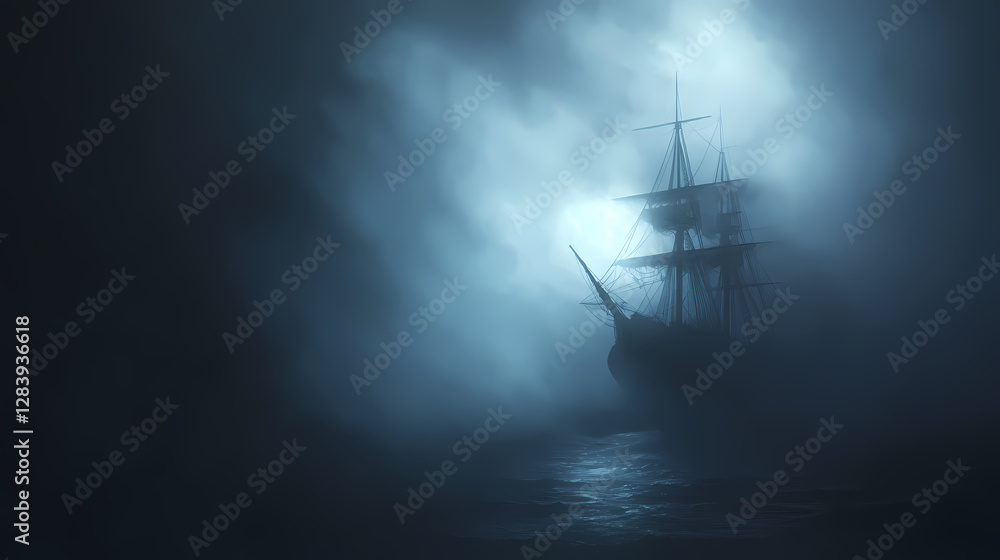 Mysterious ghostly ship emerges from the fog on a dark and haunting night evoking legends of the sea and the supernatural. Spectral Ship Lost in the Void. Illustration