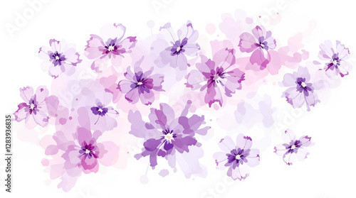 Watercolor pattern with different purple flowers on a white background. Watercolor delicate floral pattern.	