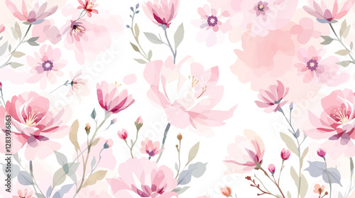 Pink watercolor flowers seamless pattern transparent background