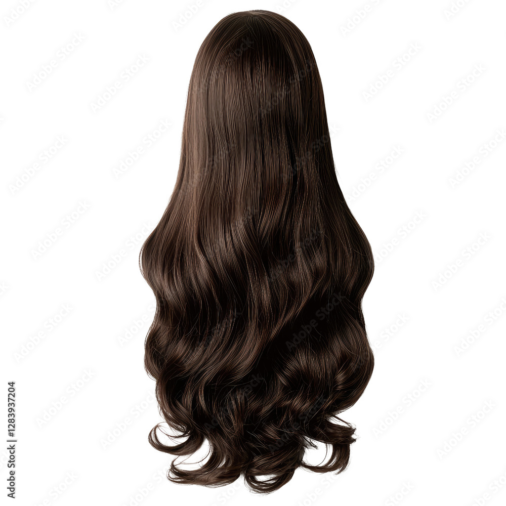 Naklejka premium Long, Luxurious, Flowing Brown Hair Wig with Soft Waves for Styling, Fashion, and Beauty Photography