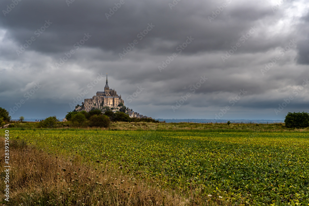 Obraz premium Cathedral At Mont Saint Michel, English Channel, Way of St. James, Route of Santiago de Compostela, Normandy, France