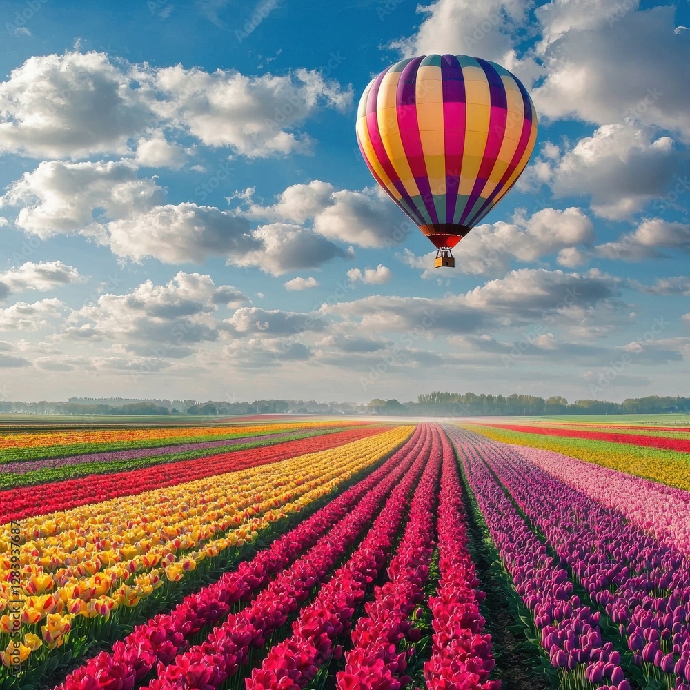 Fototapeta premium Colorful Hot Air Balloon Over Vibrant Tulip Fields in Spring Sky