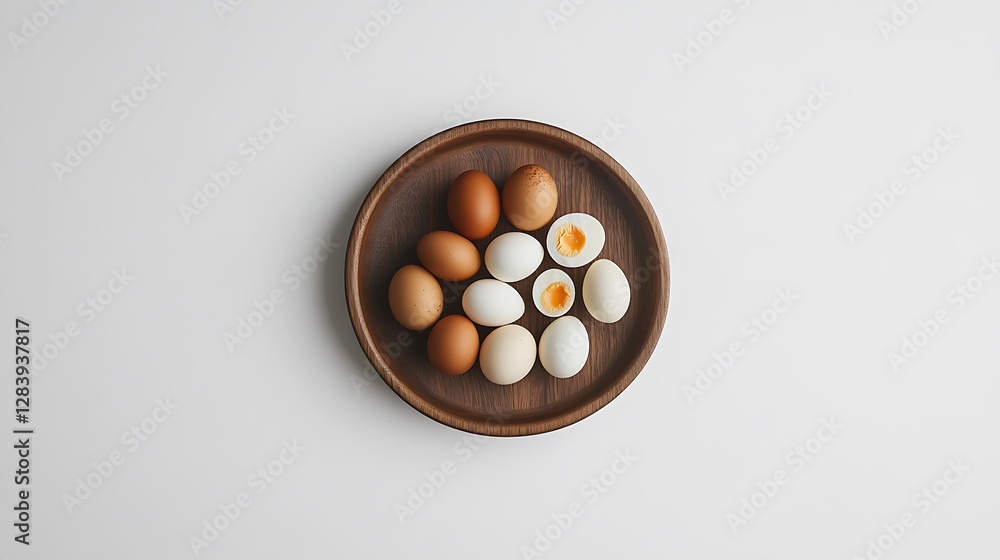 Half-sliced boiled eggs arranged artistically on a round wooden platter, highlighting the creamy yolks against a pure white. Half-sliced boiled eggs arranged artistically on a round wooden platter, highlighting the creamy yolks against a pure white.