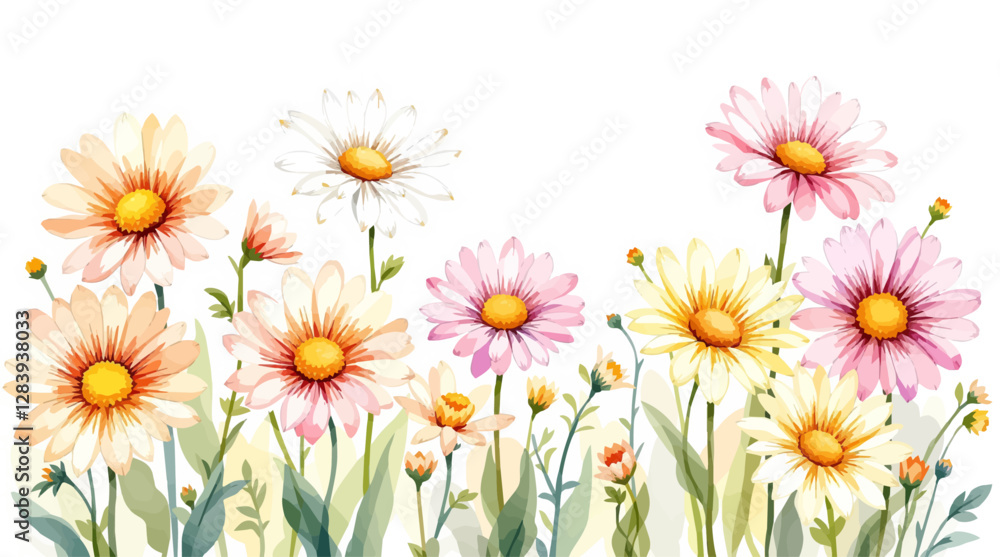 Obraz premium Watercolor white daisies with a yellow center on a white background. Background, pattern 
