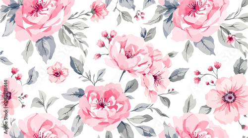 Floral seamless pattern with pink and purple flowers. Elegant and delicate floral design.	