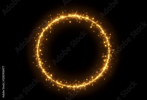 Wallpaper Mural A golden glitter circle of light sparkles on black background. Golden spark particles form circular frame. Christmas magic stars glow. Glittery ring shimmers, shines. Perfect for holiday design Torontodigital.ca