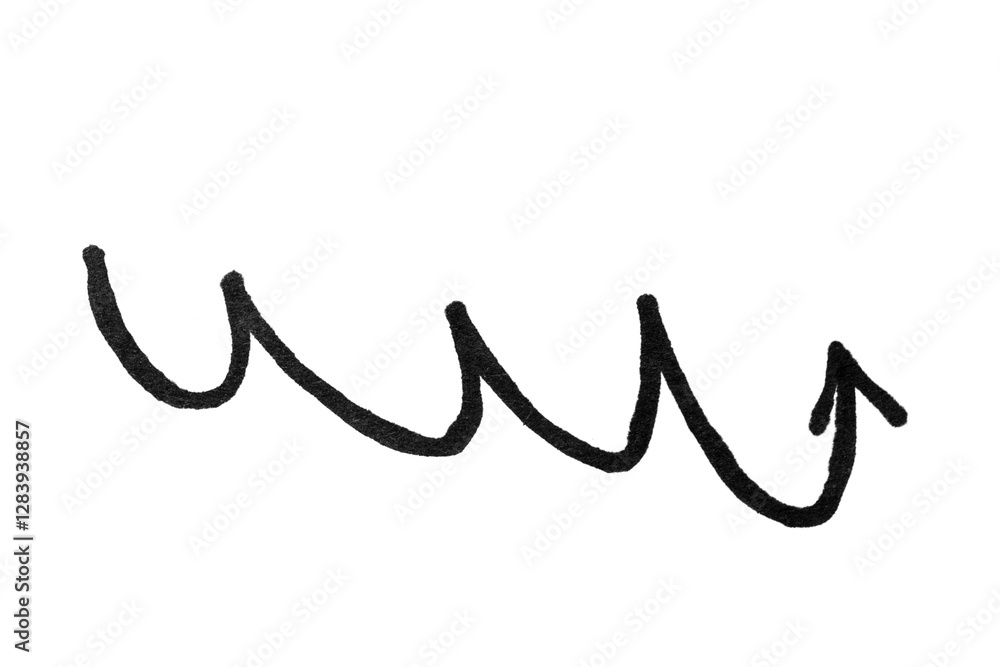 Black wavy arrow, highlighted on white background. Hand drawn watercolor illustration. Black wavy arrow, highlighted on white background. Hand drawn watercolor illustration.