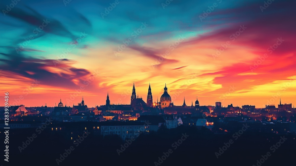 Obraz premium Stunning sunset over historic city skyline urban landscape nature photography vibrant colors panoramic view serene ambiance