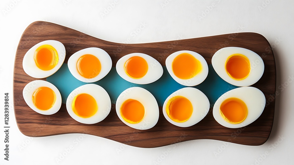 Half-sliced boiled eggs arranged artistically on a round wooden platter, highlighting the creamy yolks against a pure white. Half-sliced boiled eggs arranged artistically on a round wooden platter, highlighting the creamy yolks against a pure white.