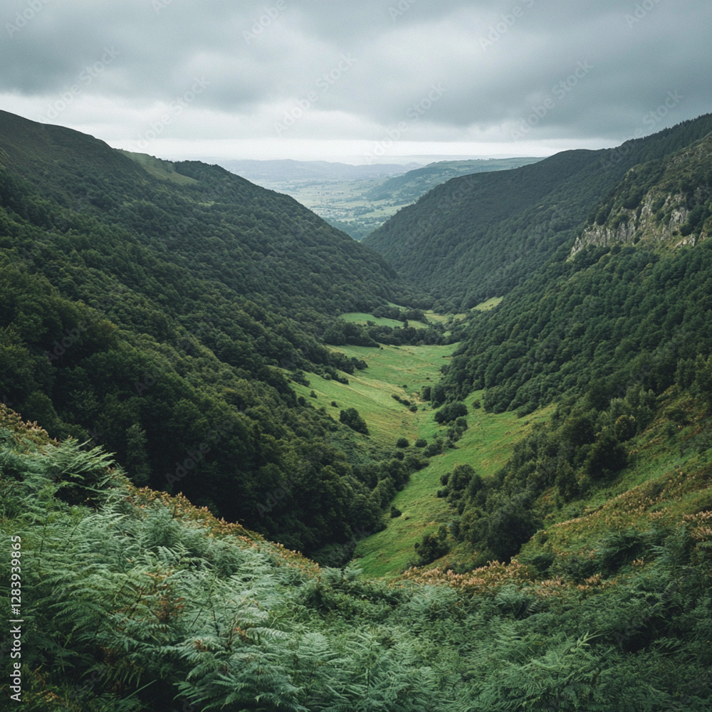 Fototapeta premium Wide angle view of a lush valley