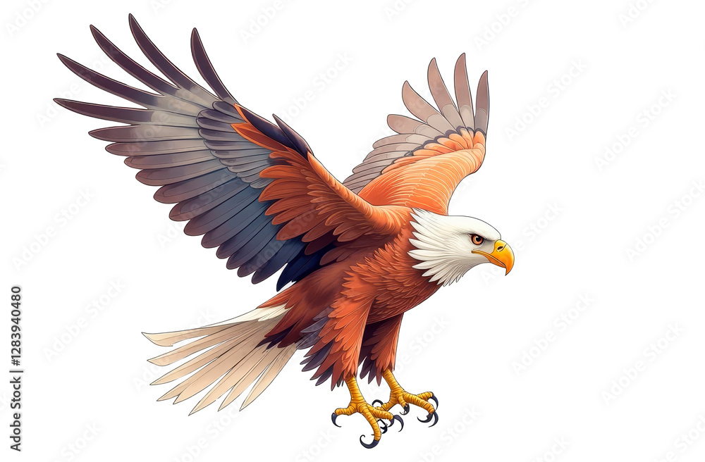 Fototapeta premium Watercolor illustration of an eagle with outstretched wings on a white background. A powerful and artistic wildlife painting, perfect for branding, posters, editorial use, and merchandise