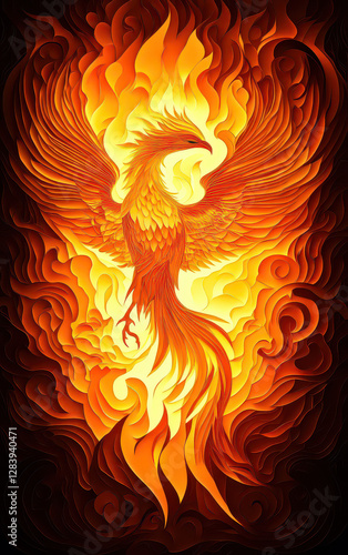 Phoenix rising from fire flames background