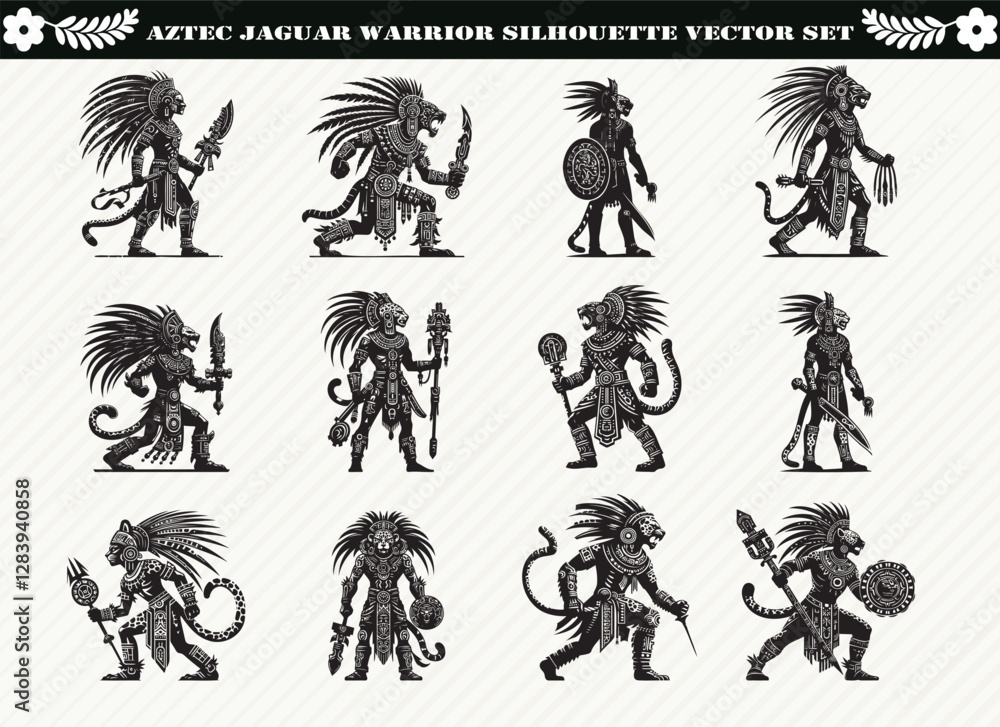 Fototapeta premium Black Aztec Jaguar Warrior Silhouette Illustration for Logos Prints and Design
