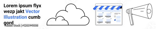 Cloud, online store with awning, loudspeaker promoting. Ideal for digital marketing, cloud services, online business, e-commerce, internet communication advertising tech startups. Landing page