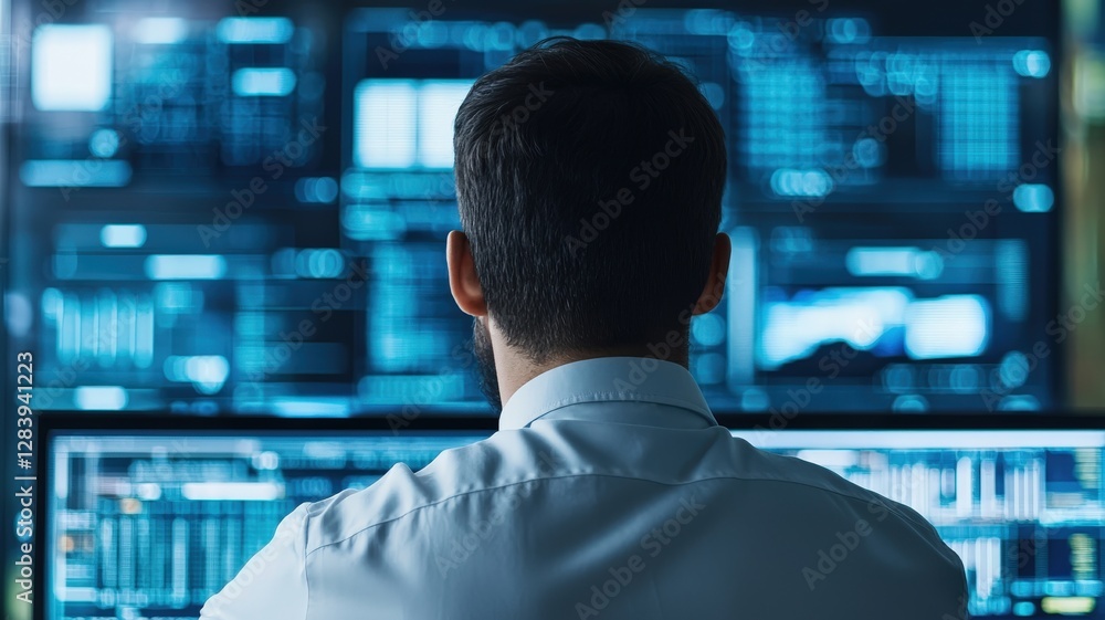 A focused individual analyzes data from multiple screens, displaying intricate graphs and metrics in a high-tech environment. A focused individual analyzes data from multiple screens, displaying intricate graphs and metrics in a high-tech environment.