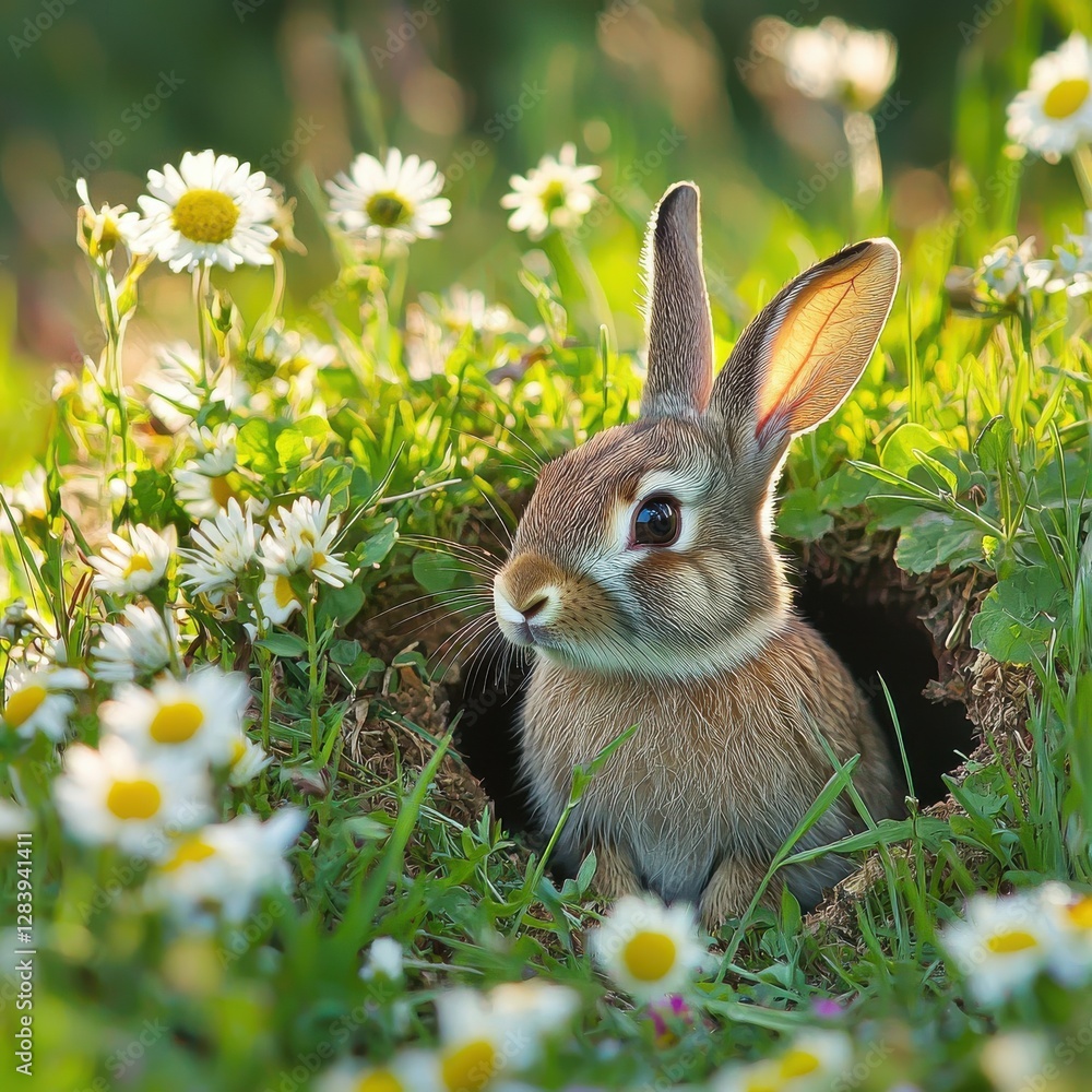 Obraz premium Rabbit Emerging from Burrow Surrounded by Beautiful Wildflowers
