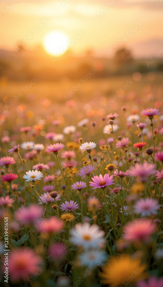 Obraz premium A stunning sunset casts golden light over a colorful field of flowers, showcasing nature's beauty and tranquility.