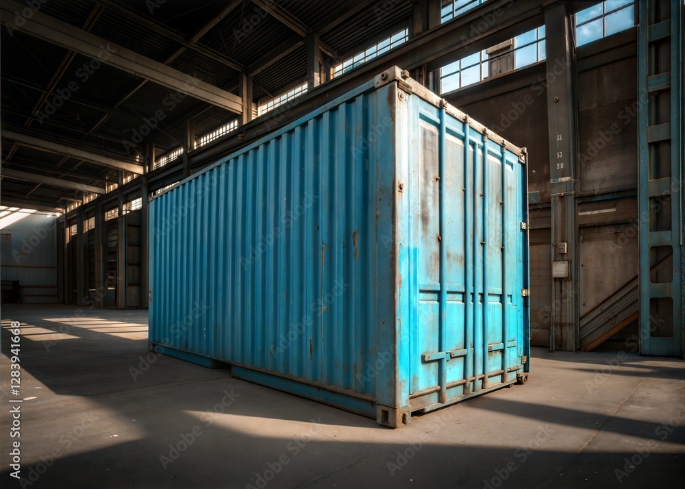 Fototapeta premium Rusty blue shipping container inside a large industrial warehouse.