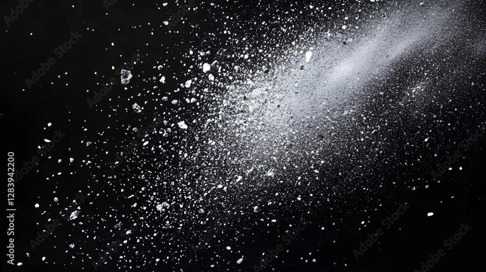 Obraz premium Black and white photo of a white cloud of dust. The photo is of a large amount of dust that is falling from the sky. Scene is one of chaos and destruction