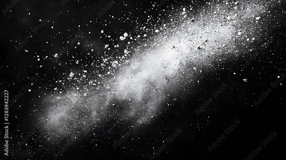 Obraz premium Black and white photo of a white cloud of dust. The photo is of a large amount of dust that is falling from the sky. Scene is one of chaos and destruction