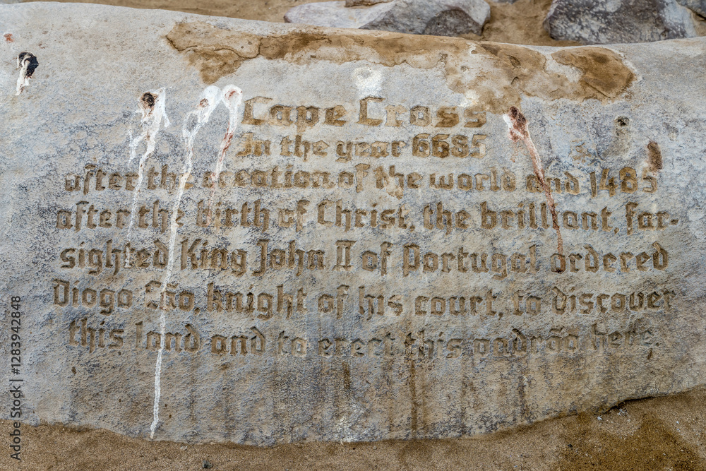 memorial engraving on stone at historical site, Cape Cross, Namibia