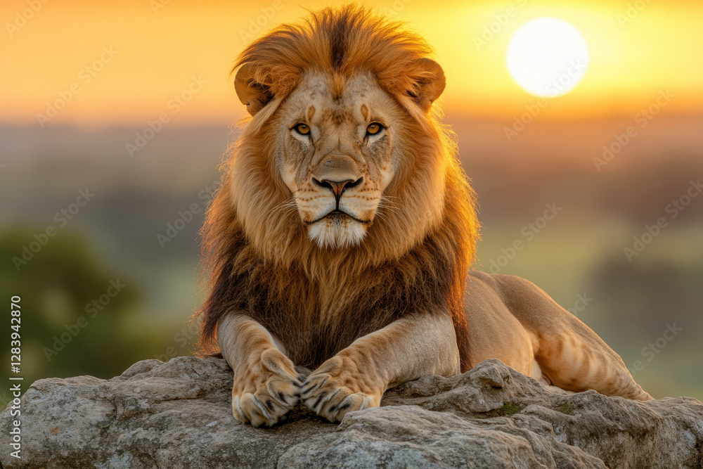 A majestic lion resting on a rocky outcrop at dusk, power. A majestic lion resting on a rocky outcrop at dusk, power.