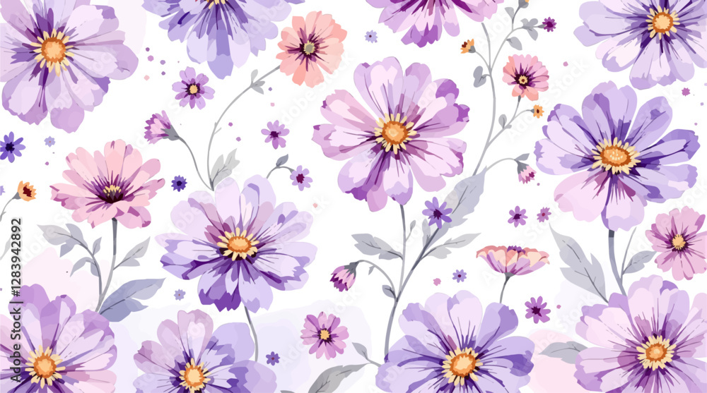Hand drawn seamless pattern with watercolor flower flowers. Elegant romantic background with purple flower and leaves on a white background Hand drawn seamless pattern with watercolor flower flowers. Elegant romantic background with purple flower and leaves on a white background