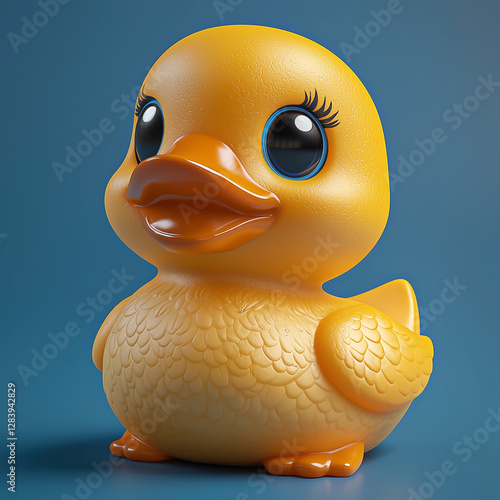 Yellow rubber duck isolated on blue background - Generative AI