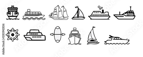 Water ship colored vector design icon set. maritime, nautical, vessel, boat, ferry, fishing boat, submarine, navy ship and more illustration design