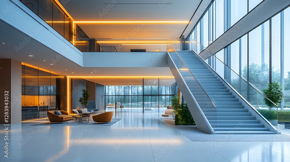 Fototapeta premium Contemporary business hall with floating staircases, glass balconies, open meeting spaces, bright modern lighting, high resolution