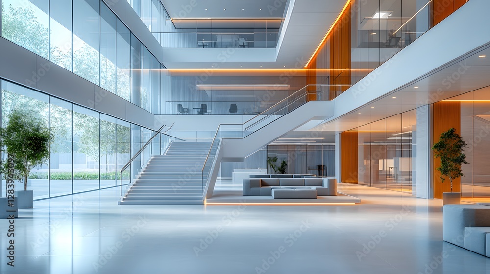 Obraz premium Contemporary business hall with floating staircases, glass balconies, open meeting spaces, bright modern lighting, high resolution