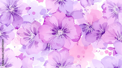 Hand drawn seamless pattern with watercolor flower flowers. Elegant romantic background with purple flower and leaves on a white background