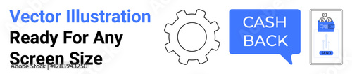 Gear icon and speech bubble with cashback text beside smartphone showing rewards app interface. Ideal for fintech, online shopping, customer retention, marketing campaigns, web tech, rewards