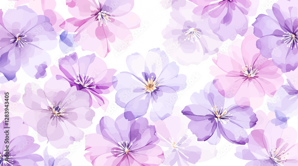Fototapeta premium Hand drawn seamless pattern with watercolor flower flowers. Elegant romantic background with purple flower and leaves on a white background