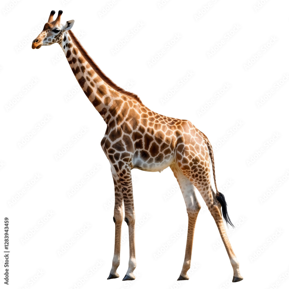 Fototapeta premium Giraffe standing tall safari landscape png transparent background white environment nature concept