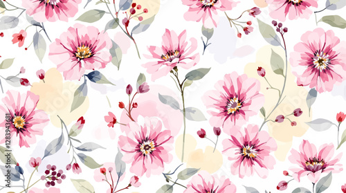 Watercolor pink Flowers and branches seamless pattern.
