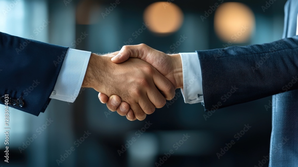 Two business professionals shake hands, symbolizing agreement, partnership, or a successful negotiation in a corporate setting. Two business professionals shake hands, symbolizing agreement, partnership, or a successful negotiation in a corporate setting.