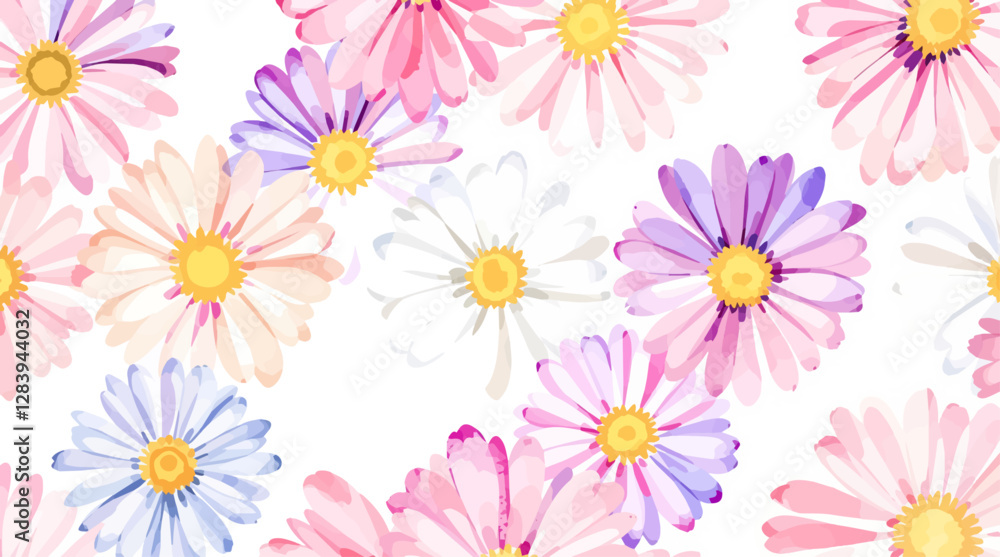 Watercolor white daisies with a yellow center on a white background. Background, pattern Watercolor white daisies with a yellow center on a white background. Background, pattern