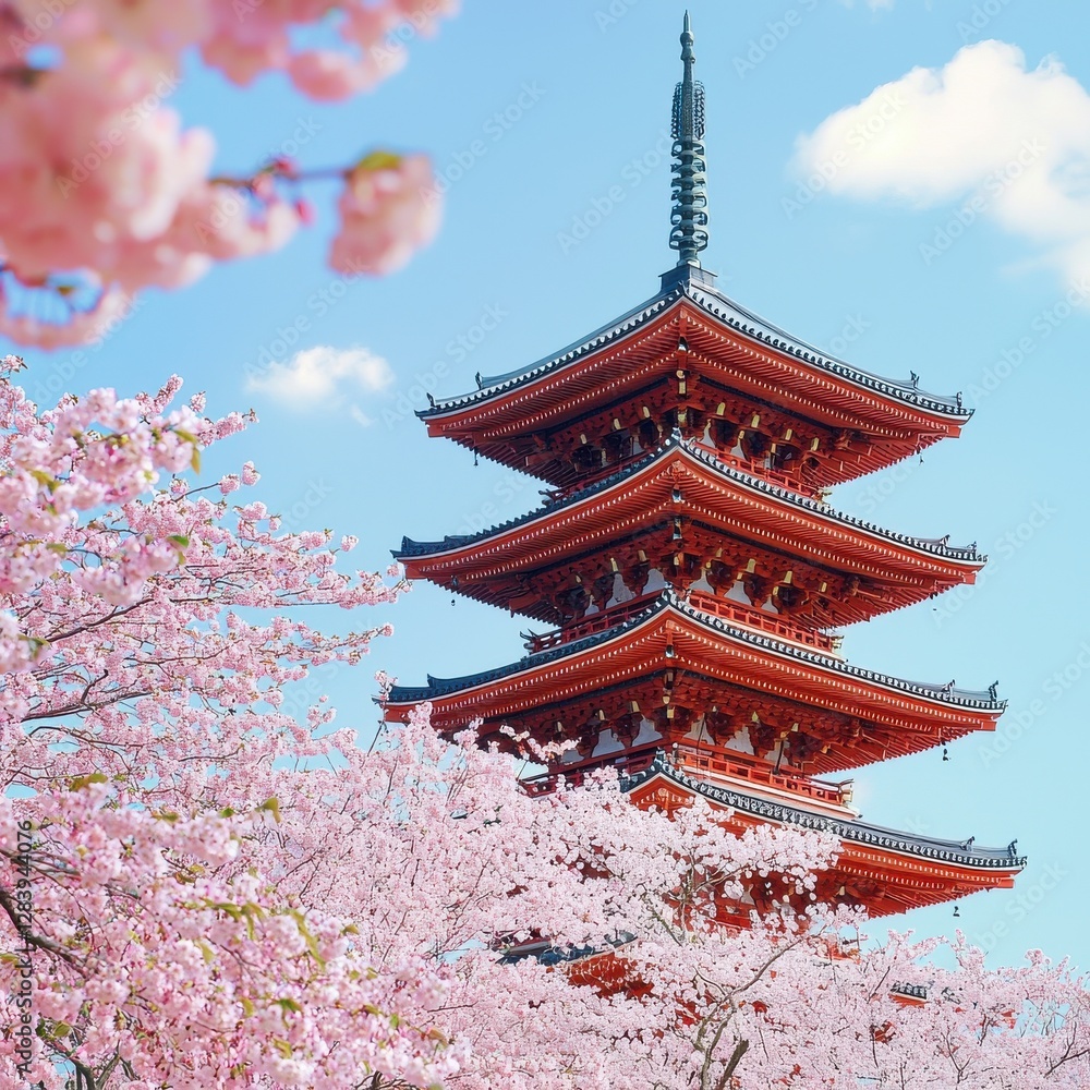 Serene Cherry Blossom Scene with Traditional Japanese Pagoda Serene Cherry Blossom Scene with Traditional Japanese Pagoda