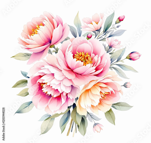 Botanical flower watercolor bouquet elegance blooming, Pions bouquet