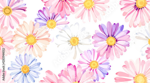 Watercolor white daisies with a yellow center on a white background. Background, pattern