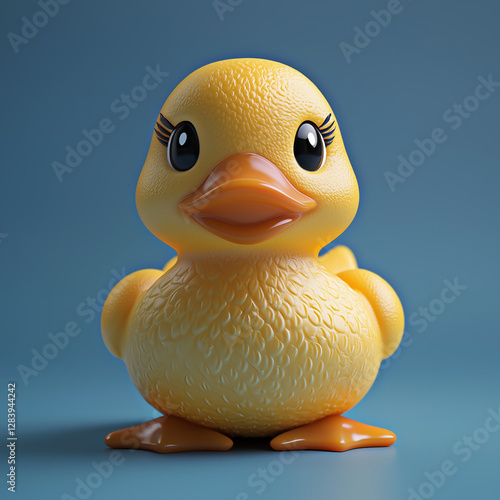 Front view yellow rubber duck isolated on blue background - Generative AI