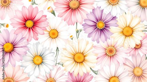 Watercolor white daisies with a yellow center on a white background. Background, pattern