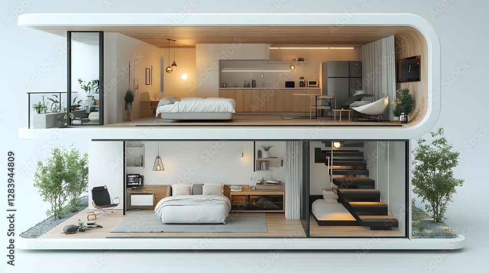 Fototapeta premium Futuristic tiny house with loft bedroom, smart home technology, isometric rendering, elegant decor, white background, high resolution