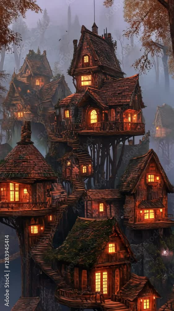 Enchanting treehouse village illuminated at dusk surrounded by a misty forest Enchanting treehouse village illuminated at dusk surrounded by a misty forest
