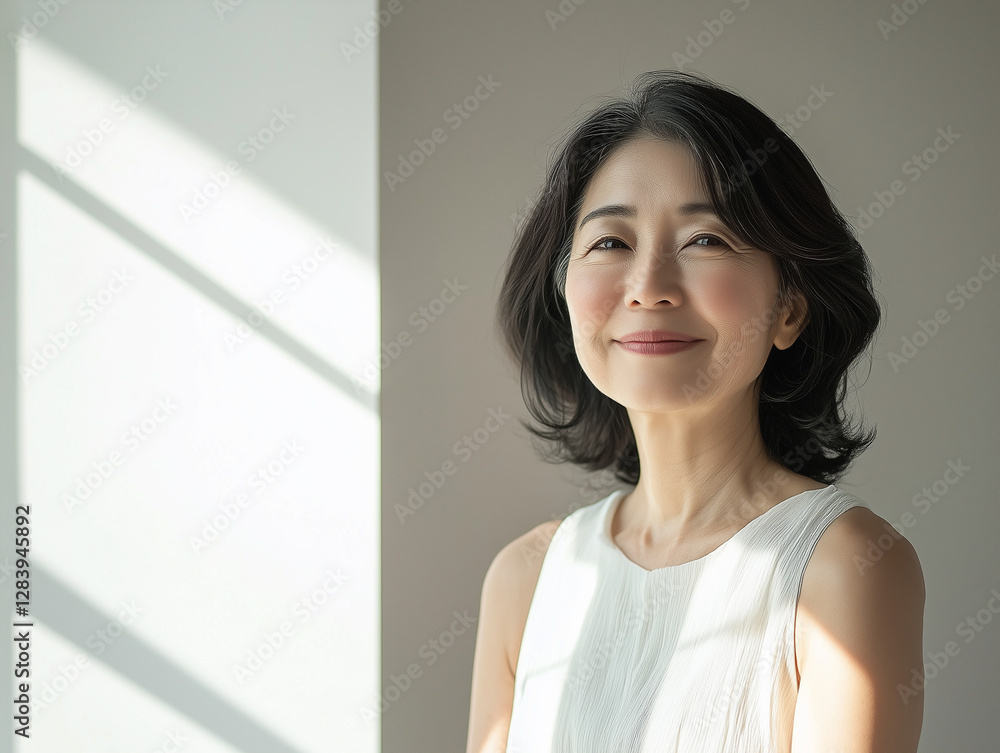 白いワンピースを着た60代女性 白いワンピースを着た60代女性